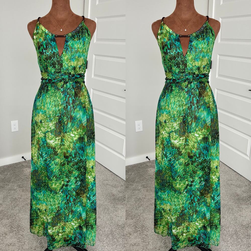 90s Vintage Sheri Martin New York Green Tropical Print Chiffon Maxi Dress 10